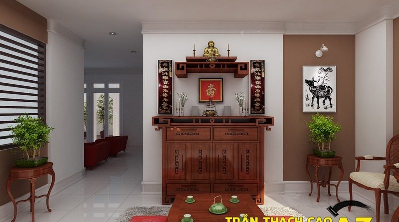 Không gian phòng thờ ấm cúng nhờ tạo hình trần thạch cao đơn giản mà đẹp