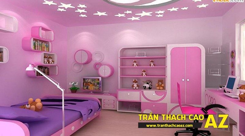 Mẫu trần thạch cao phòng ngủ bé gái đẹp 'ngập màu hồng'