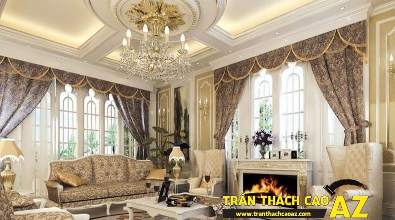 Trần thạch cao phòng khách đẹp sang trọng với phào chỉ hoa văn cổ điển