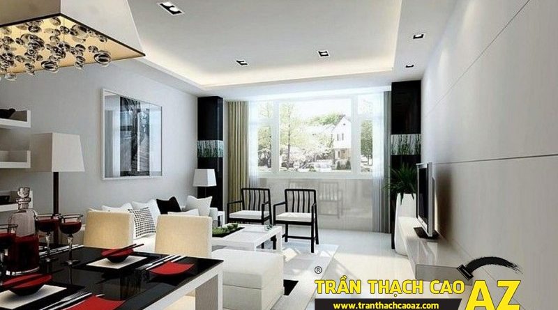Cách tạo hình trần thạch cao phòng khách nối liền bếp ở nhà chung cư