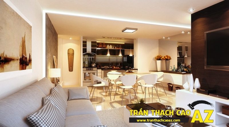 Mở rộng không gian nhà nhỏ với trần thạch cao phòng khách liền bếp