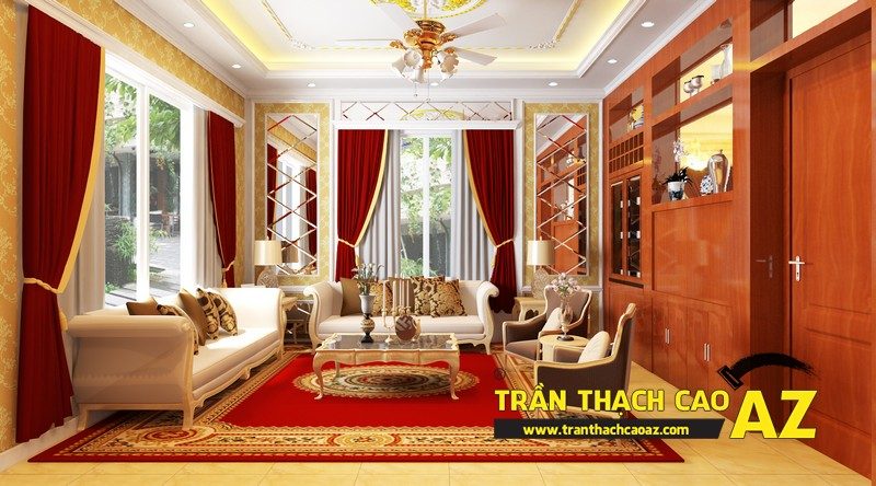 Thiết kế trần thạch cao phòng khách đẹp sang trọng, cổ điển nhà chị Hà, ngõ 20, Hồ Tùng Mậu