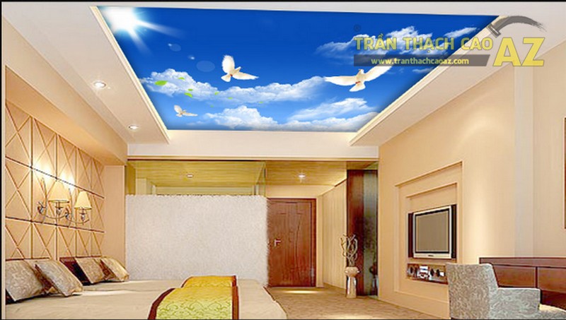 Trần thạch cao phòng khách kết hợp tranh dán tường 3d rẻ đẹp
