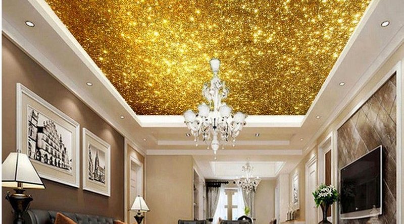 Trần thạch cao phòng khách sơn nhũ vàng nổi bần bật 2019